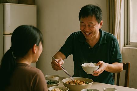 父親回來後，家中的飯桌又多了幾分笑聲與忙亂的日常