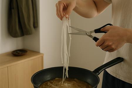 把泡好的粉條剪短，等鍋裡的湯汁被吸乾端上桌的那一刻