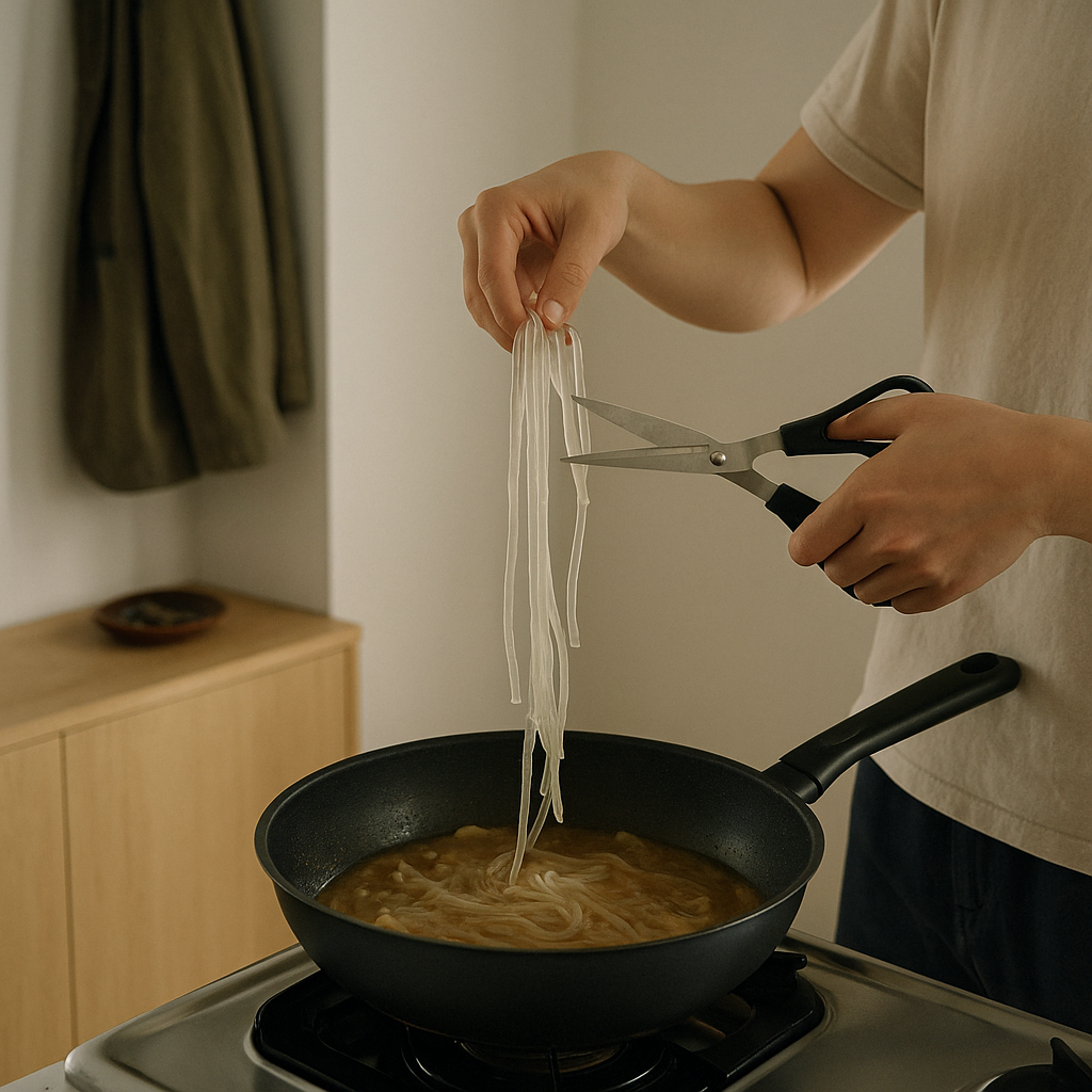 把泡好的粉條剪短，等鍋裡的湯汁被吸乾端上桌的那一刻