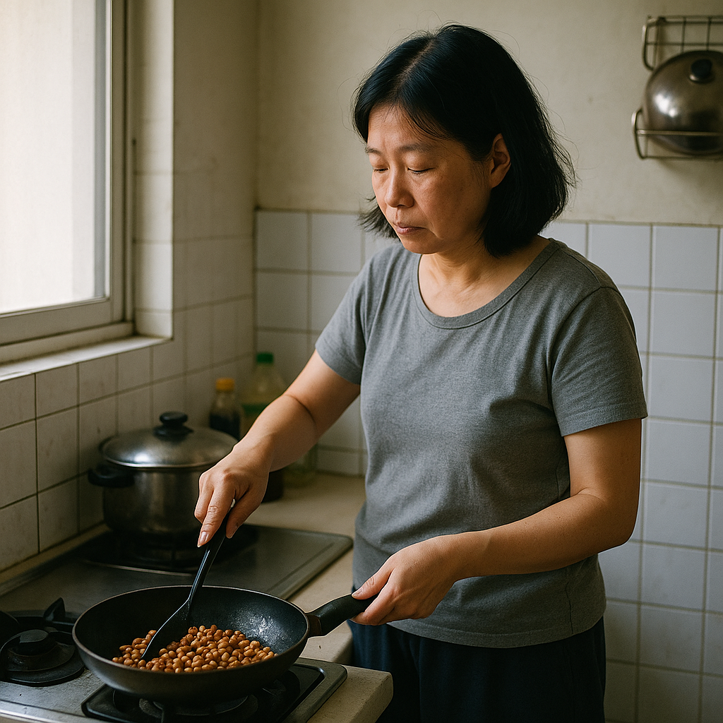 她把花生炸得香脆，是在廚房裡留下一句溫柔的話