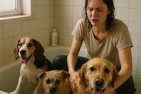 在濕漉漉的浴室裡，被狗群折騰成了永遠的回憶與笑聲