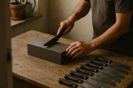 在作坊裡，看見一塊料被拆成十把刀的時候