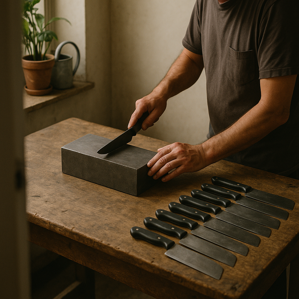 在作坊裡，看見一塊料被拆成十把刀的時候