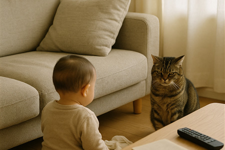 戰鬥豬咪坐在地毯邊：貓對人類幼崽那張不屑的臉