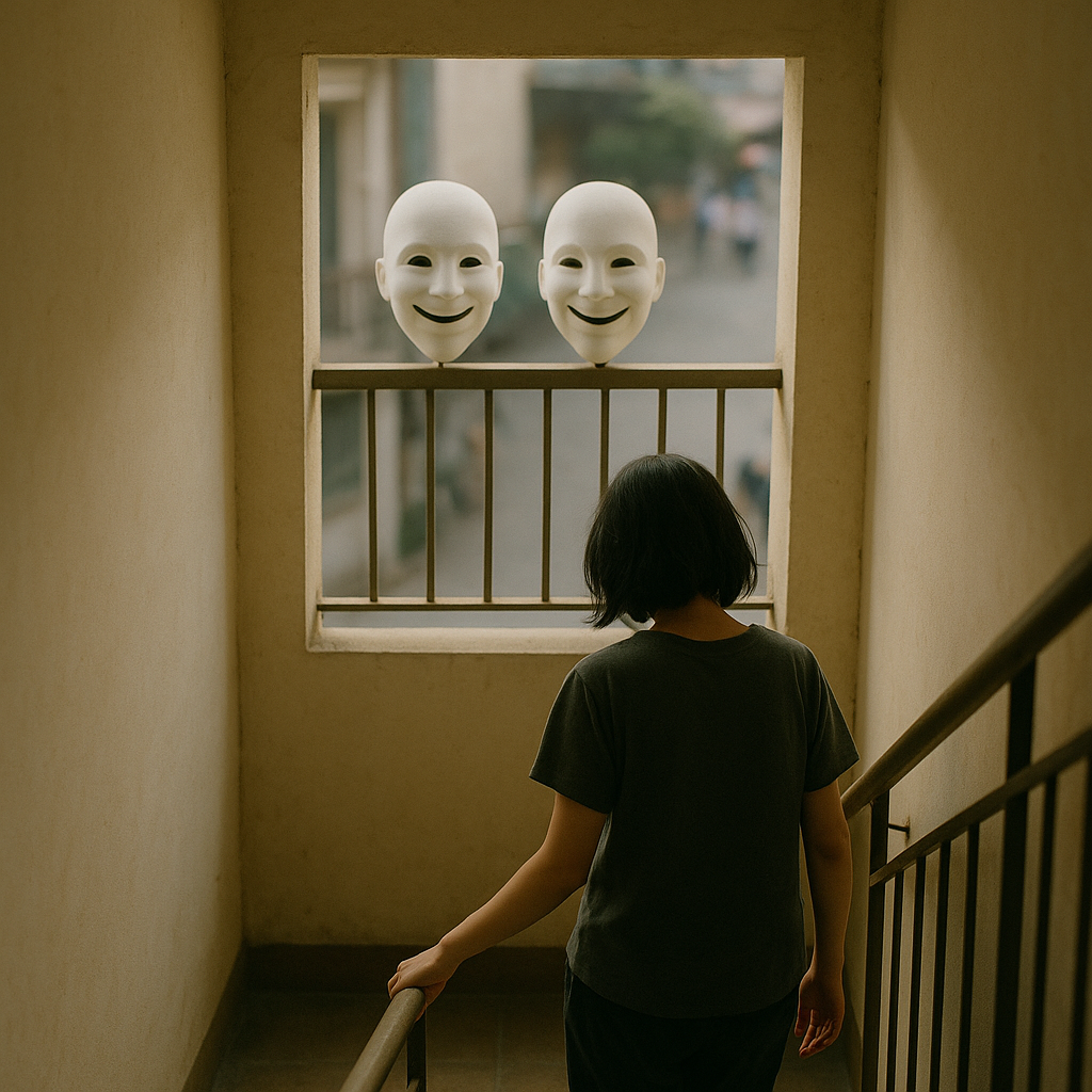 她在人海消散那一刻，陽臺上兩張白面孔比她還自在地笑